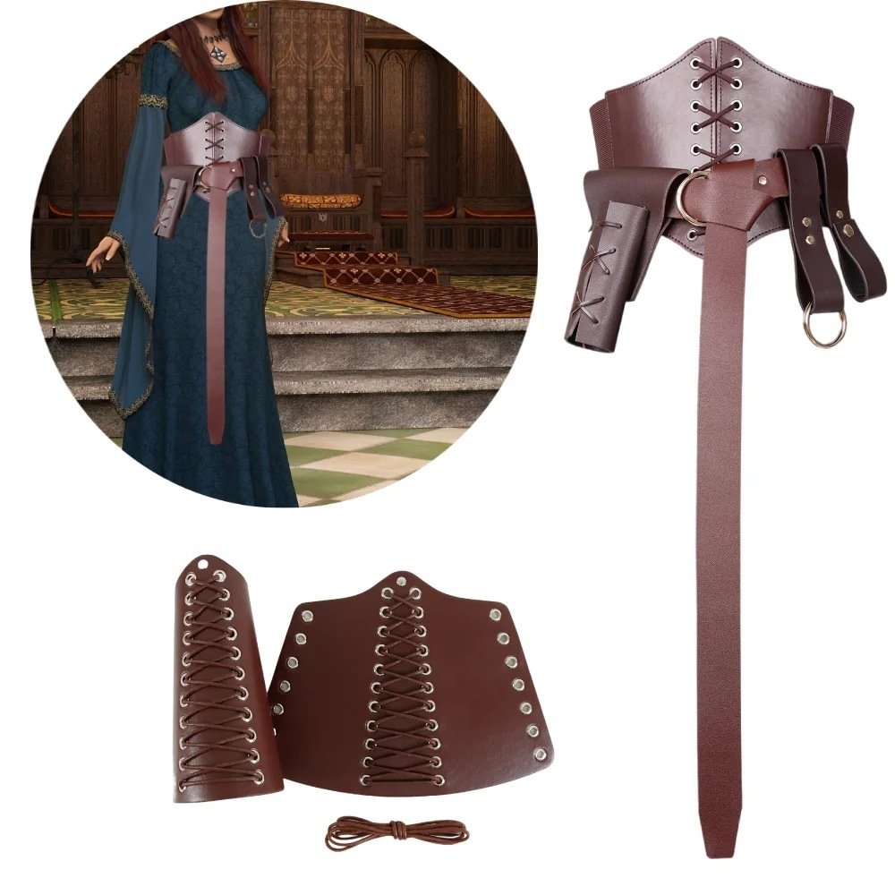 Ensemble de Brassard et Ceinture Corset Viking en Cuir PU - Style Médiéval style retro