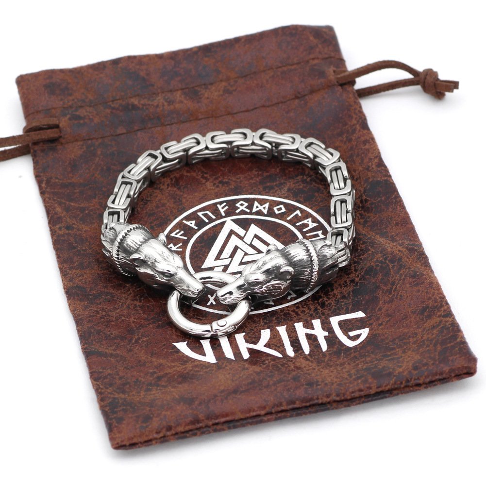 Bracelet Viking Tête de Loup en Acier Titane avec pochette