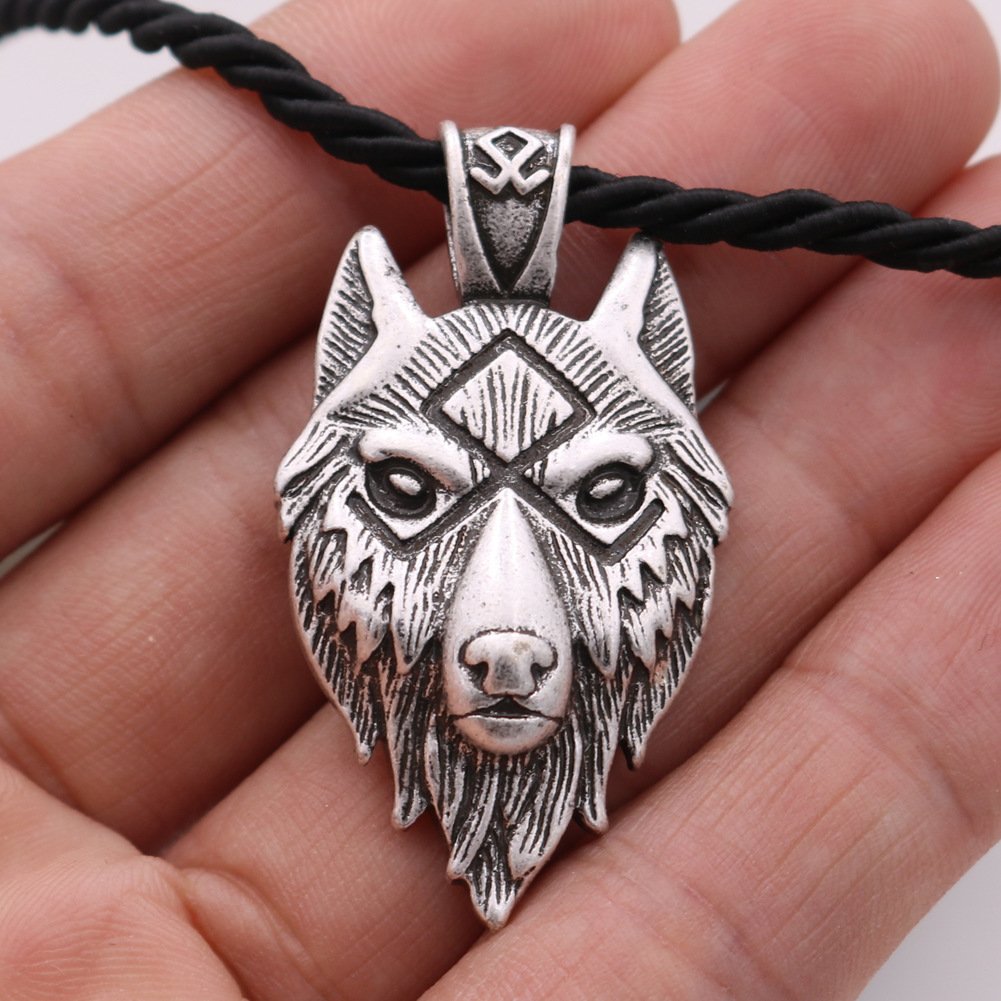 Pendentif Loup Viking avec Symbole Runique - Argent Antique corde noir