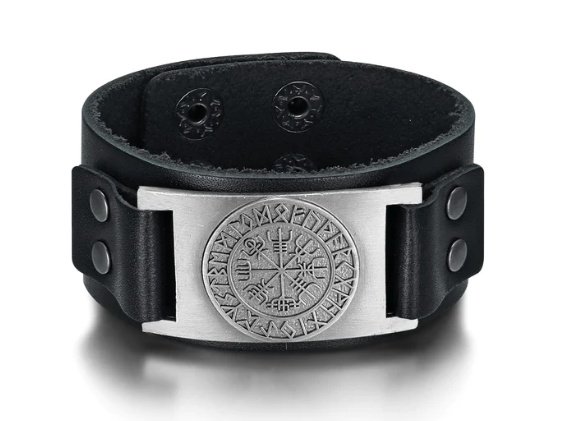 Bracelet Viking Vegvisir en Cuir - Boussole Runique Nordique noir et acier