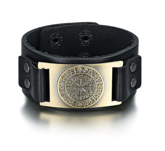 Bracelet Viking Vegvisir en Cuir - Boussole Runique Nordique noir et bronze