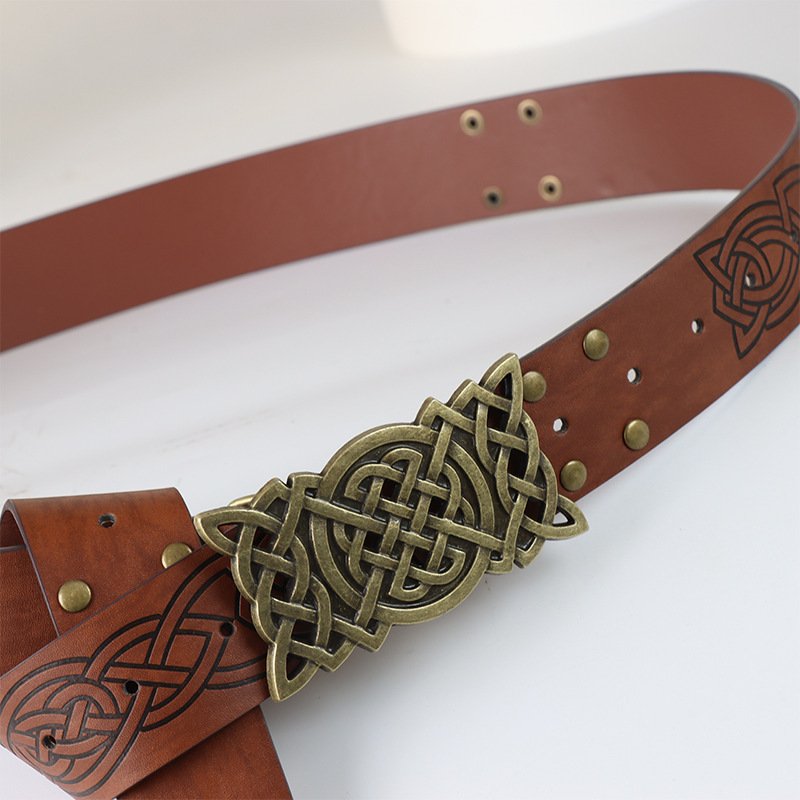 Ceinture Viking en Cuir PU avec Motif Nœud de Yggdrasil et Rivets marron