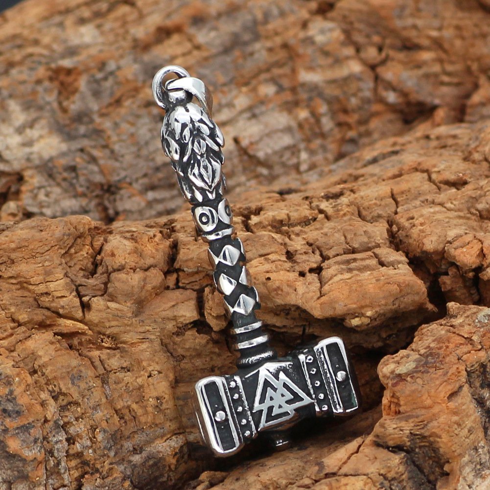 Pendentif viking Mjölnir avec Valknut acier noir