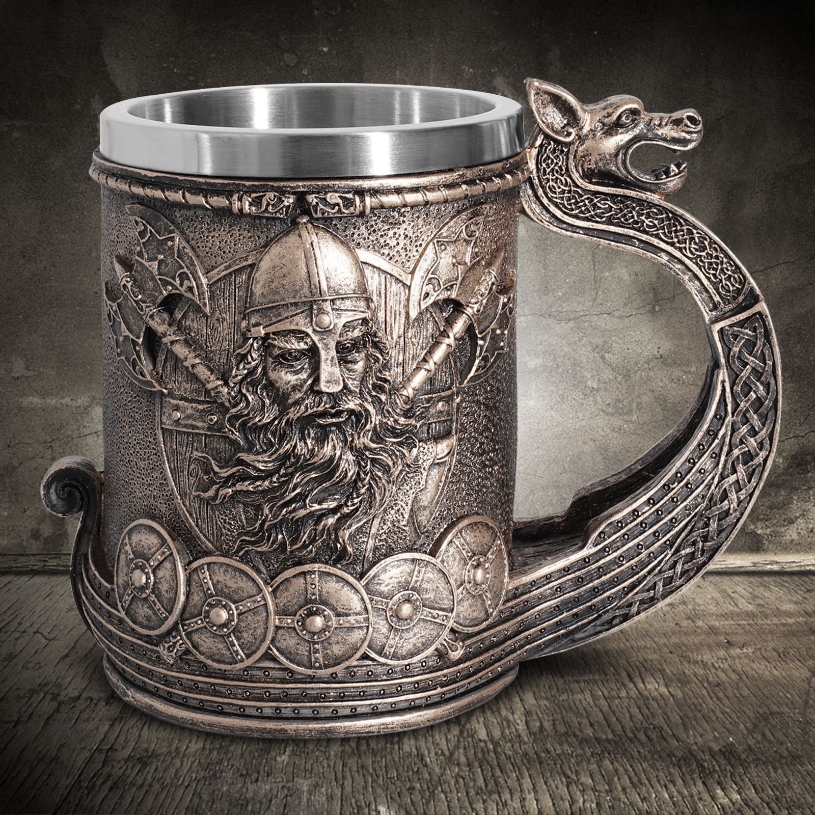 Mug Viking Odin - Chope en Acier Inoxydable avec Reliefs Nordiques