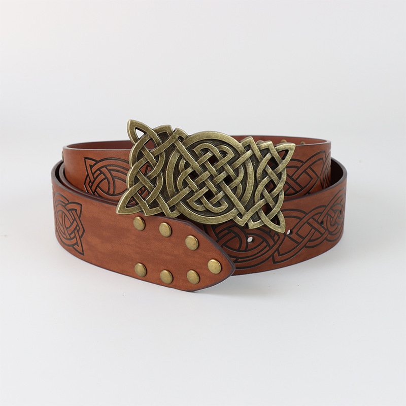 Ceinture Viking en Cuir PU avec Motif Nœud de Yggdrasil et Rivets marron