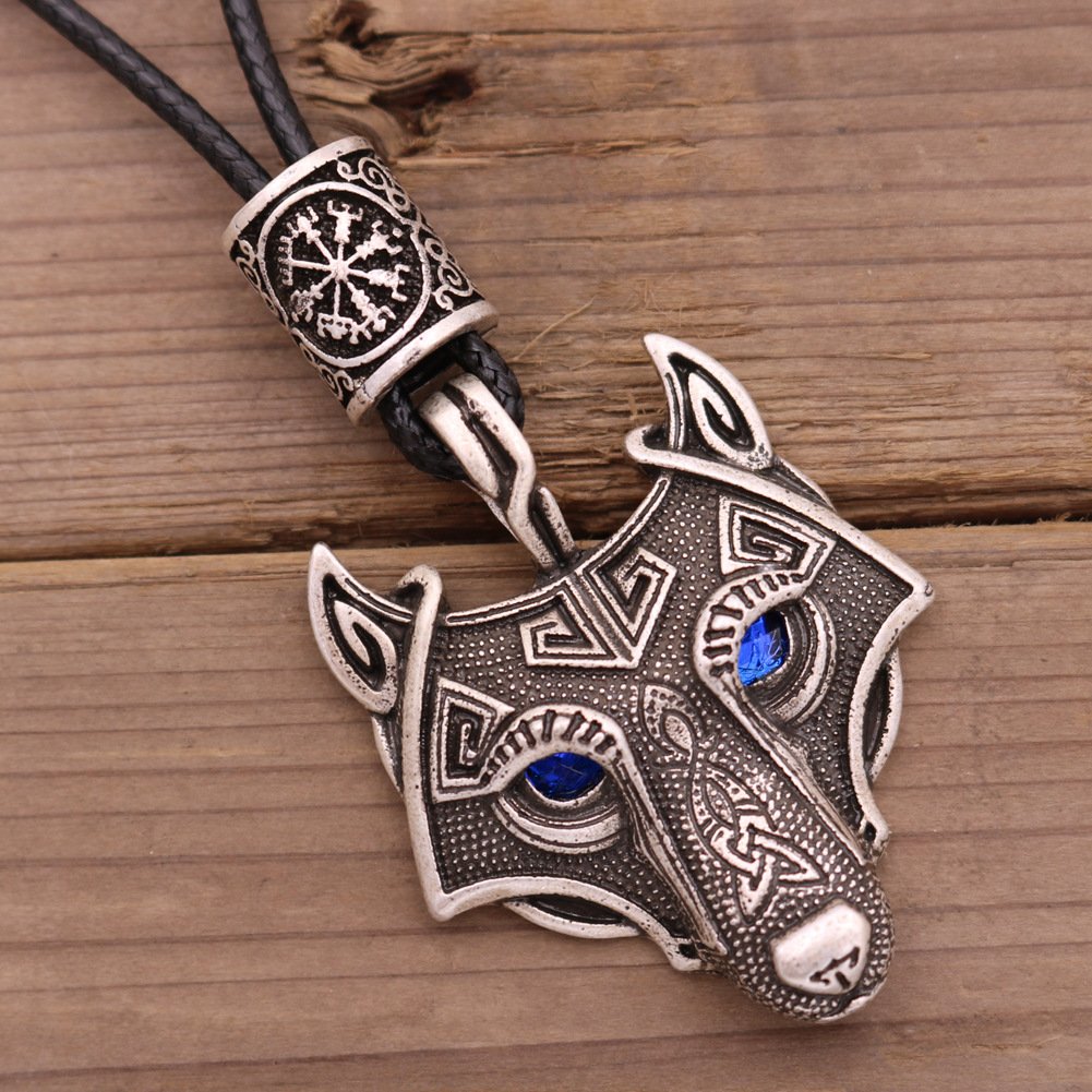 Pendentif Tête de Loup Viking Yeux bleus