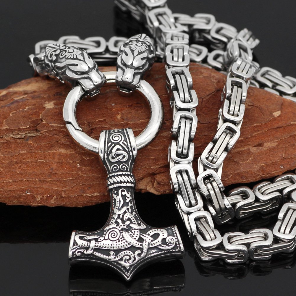 Collier Viking Mjölnir et Têtes de Loup style ancien