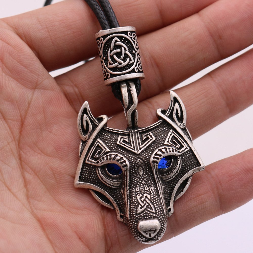 Pendentif Tête de Loup Viking Cuir noir