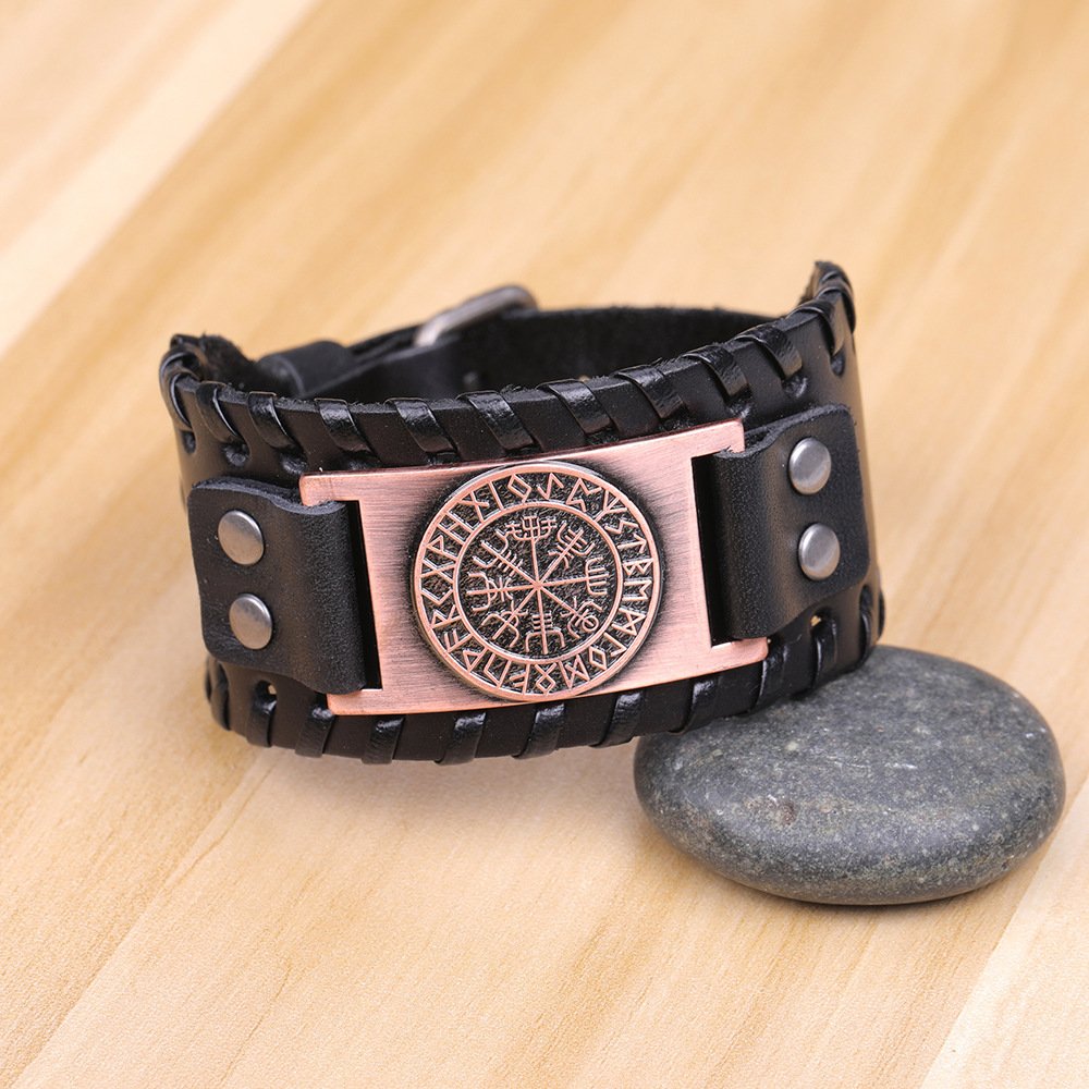 Bracelet Viking Vegvisir en Cuir - Boussole Runique Nordique noir et bronze