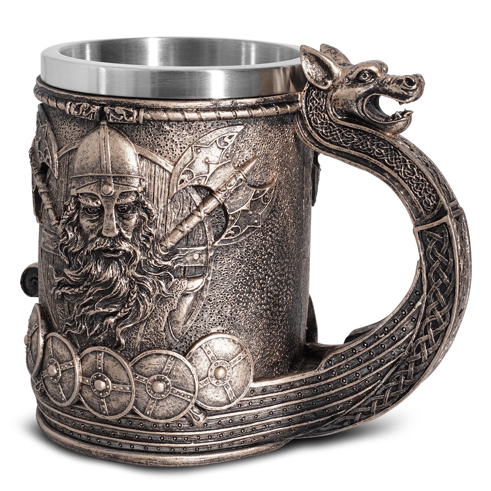 Mug Viking en forme de drakkar - Tête de dragon et symboles nordiques style ancien