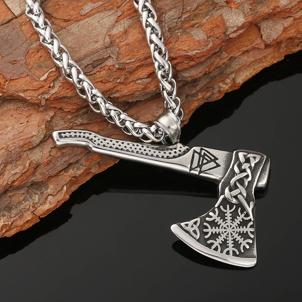 Pendentif Viking Hache Vegvisir et Valknut - Acier Titane