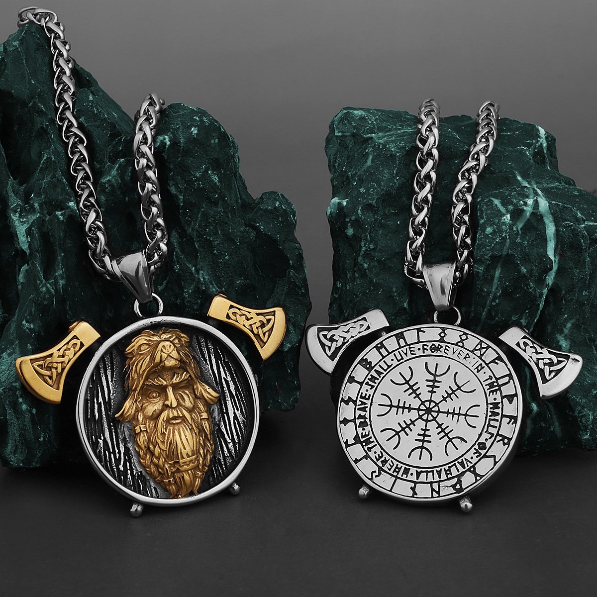 Pendentif Viking Odin et Vegvisir - Acier Titane doré et argenté