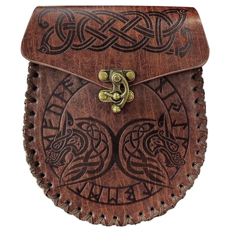 Pochette Viking en Cuir - Double Dragon marron