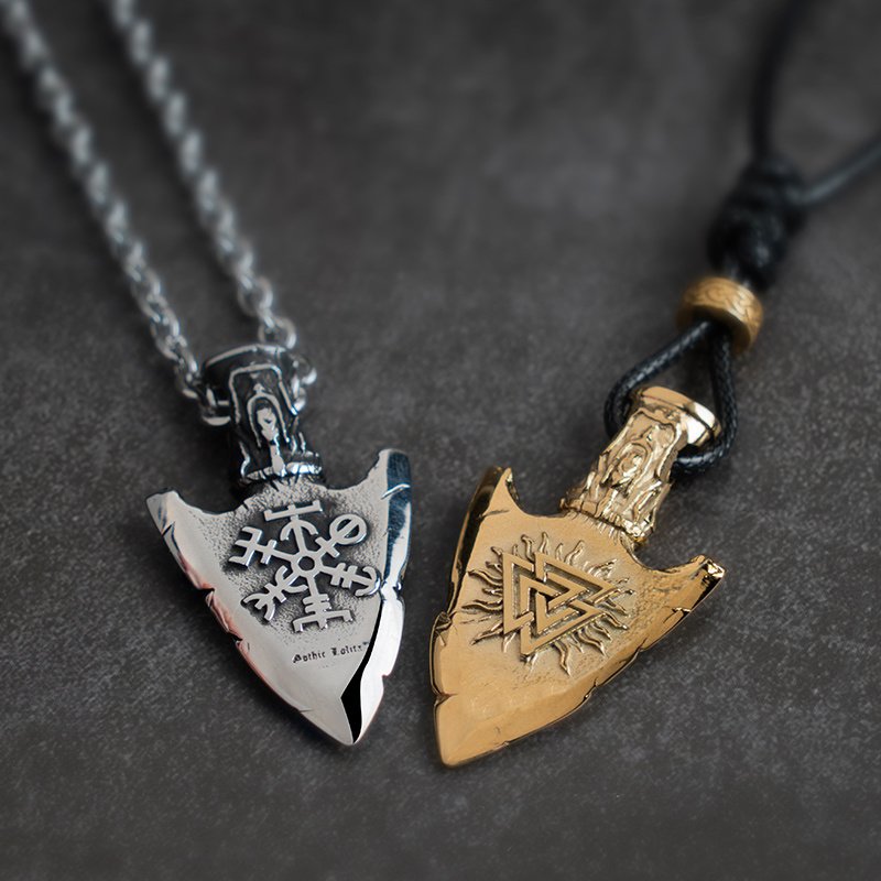 Pendentif Viking Gungnir avec Symbole Runique - Acier Titane Doré