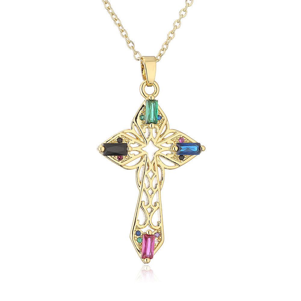 Pendentif Croix Viking Doré avec Pierres Précieuses colorés