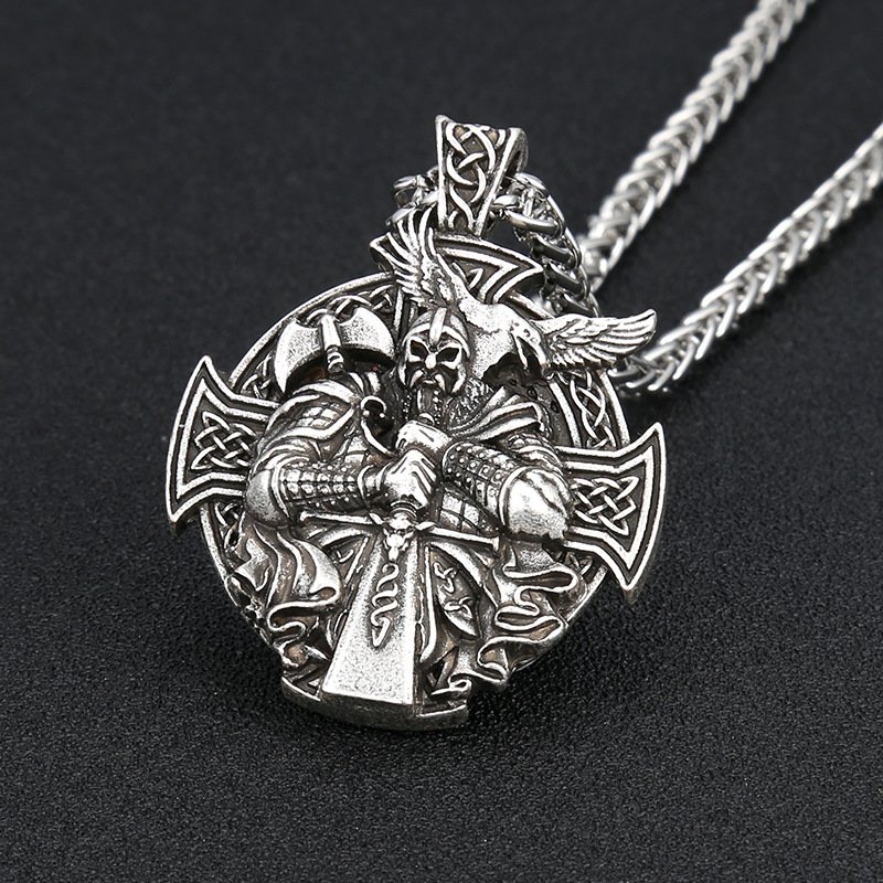 Pendentif Viking Croix Nordique argenté et chaine en acier