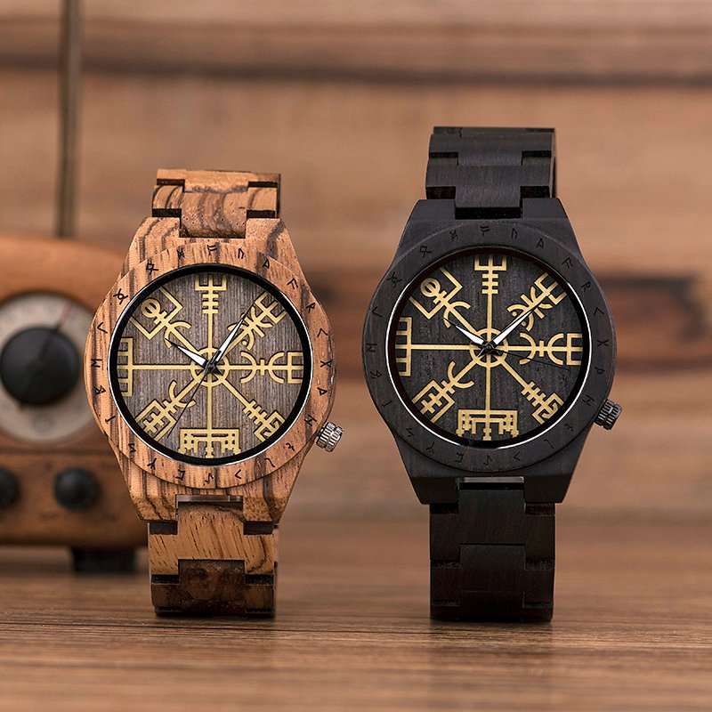 Montre Viking en Bois Vegvisir marron et noir