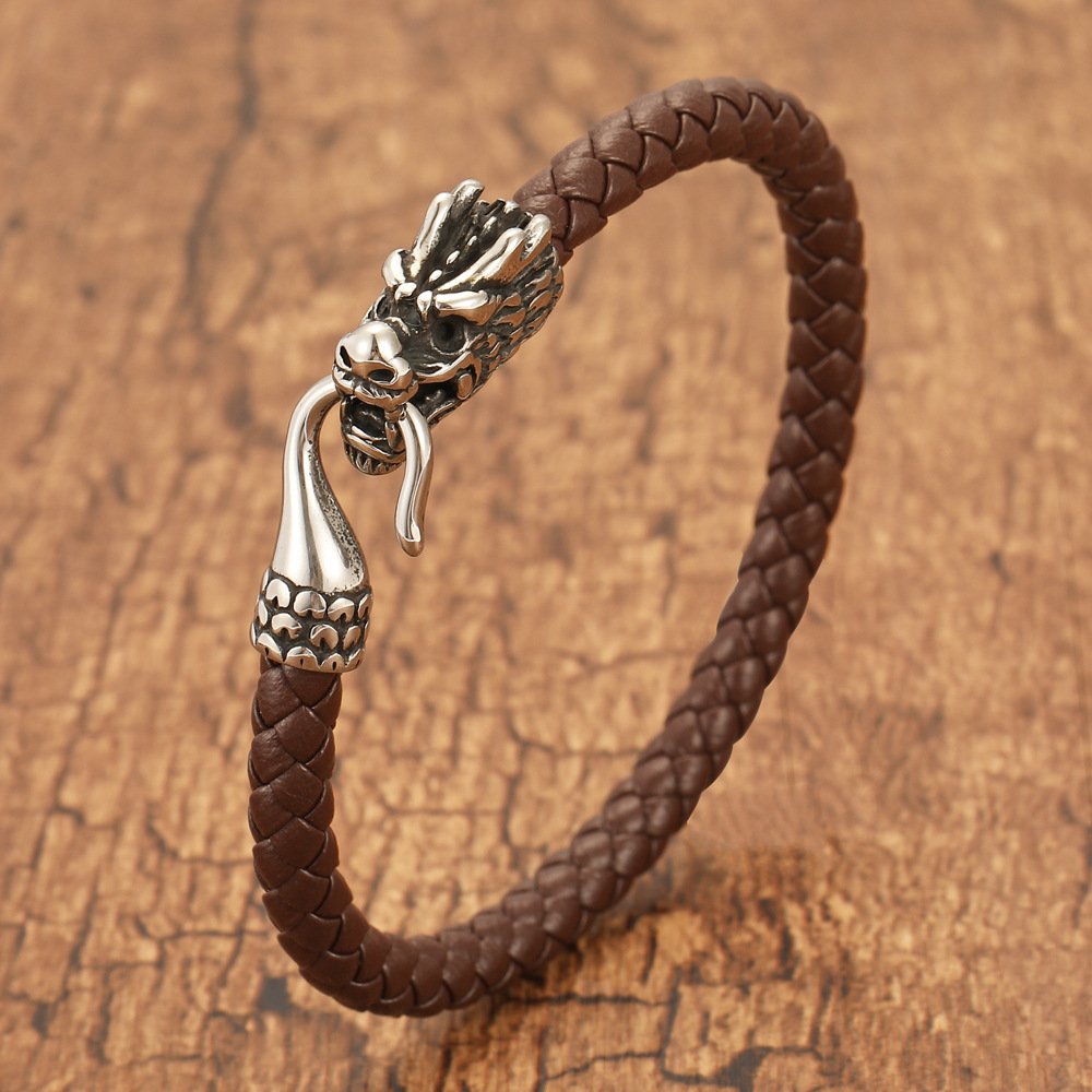 Bracelet Viking en Cuir avec Fermoir Tête de Dragon marron