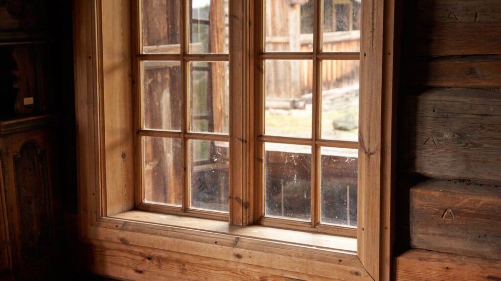 Interieur rustique en bois avec peau de mouton et fenetre